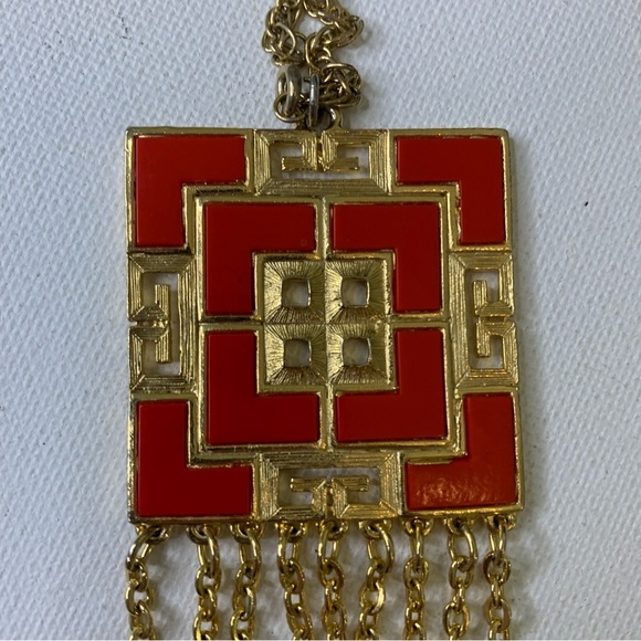 Asian Art Deco Red Enamel Dangling Chains Tassel Necklace Gold Tone Jewelry VTG - Picture 5 of 8